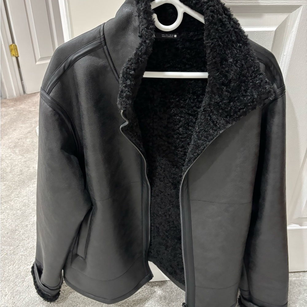 Black Faux Leather Jacket with Shearling Lining